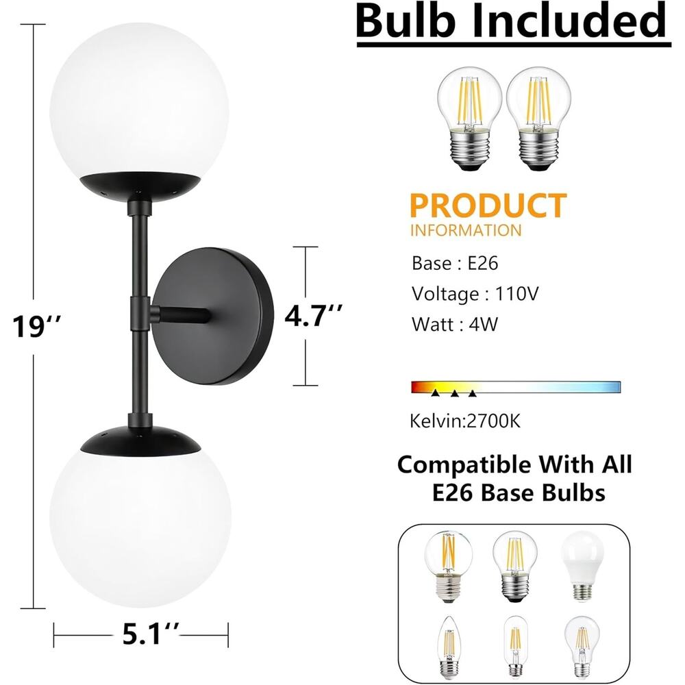 2-Light Matte Black Mid-Century Bathroom Vanity Light with White Globe Shades - Picture 3 of 4